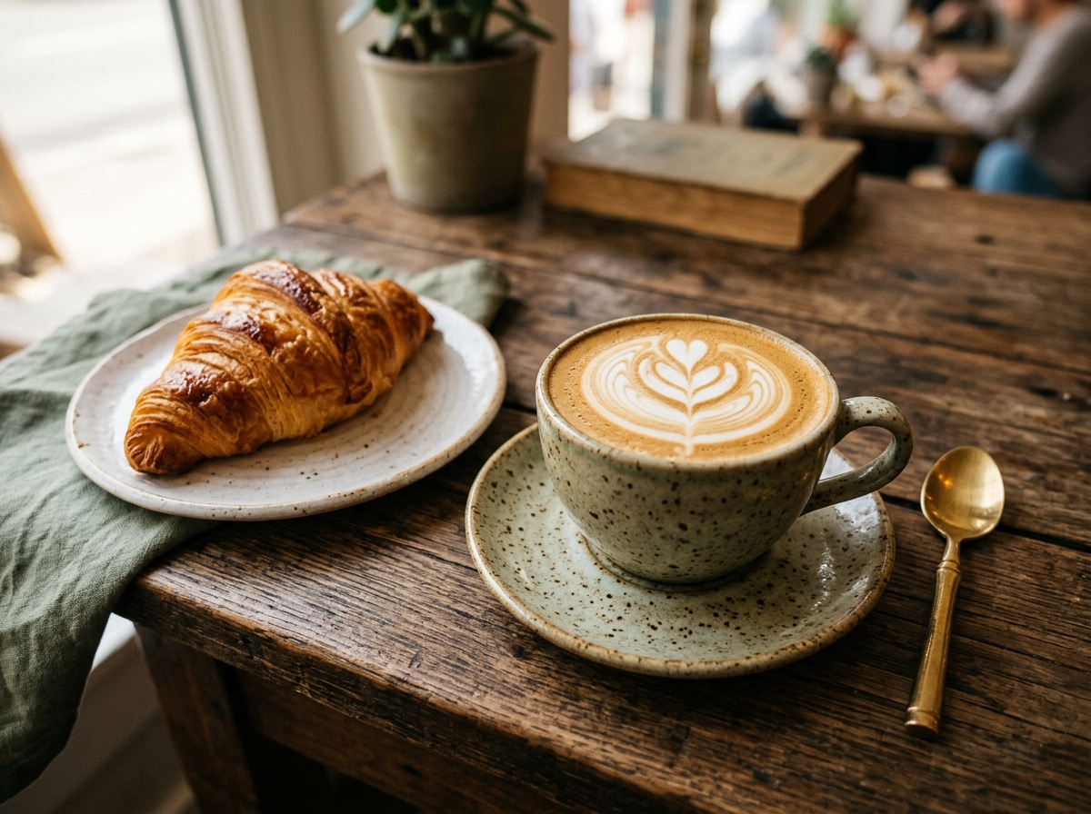Artisanal latte with tulip latte art and freshly baked croissant